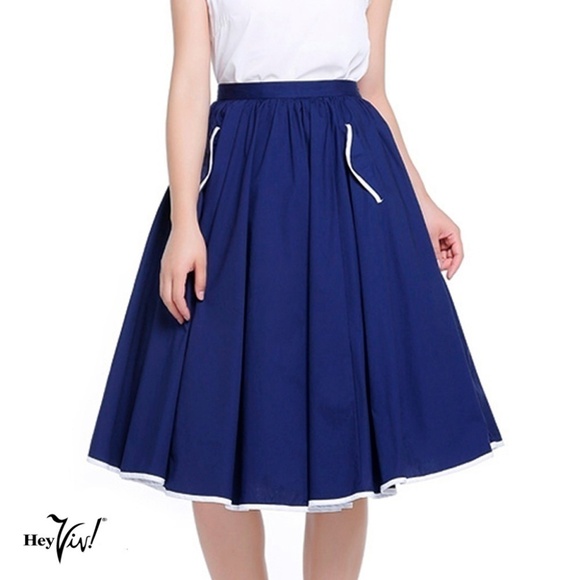 Navy Blue Cotton Flare Full Skirt w White Piping and Pockets Sz Medium - Hey Viv - Picture 2 of 5